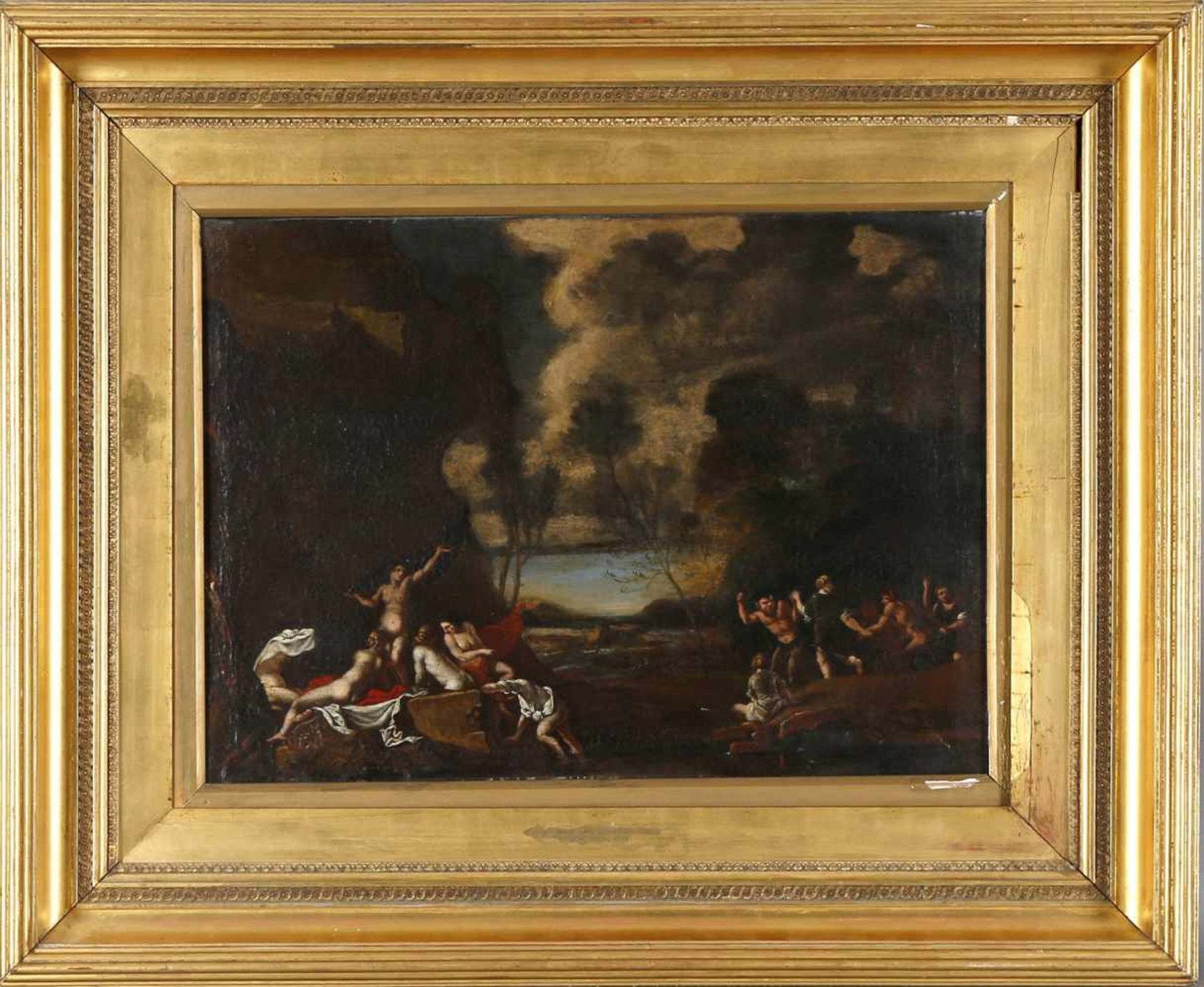 Piero Giovanni ChermonciniBacchanal unterhalb einer Ruine an einem Gewässer, 1647, Öl auf