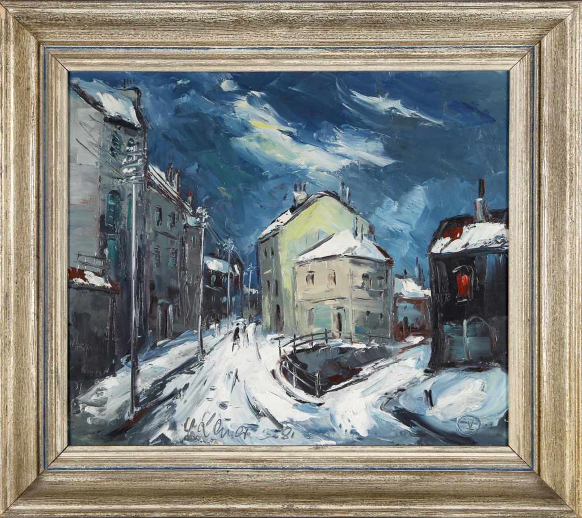 Heinz Lauer (Gunzenau 1924-2014 Saarbrücken)Straßenecke im Schnee, 1958, Öl auf Hartfaserplatte,