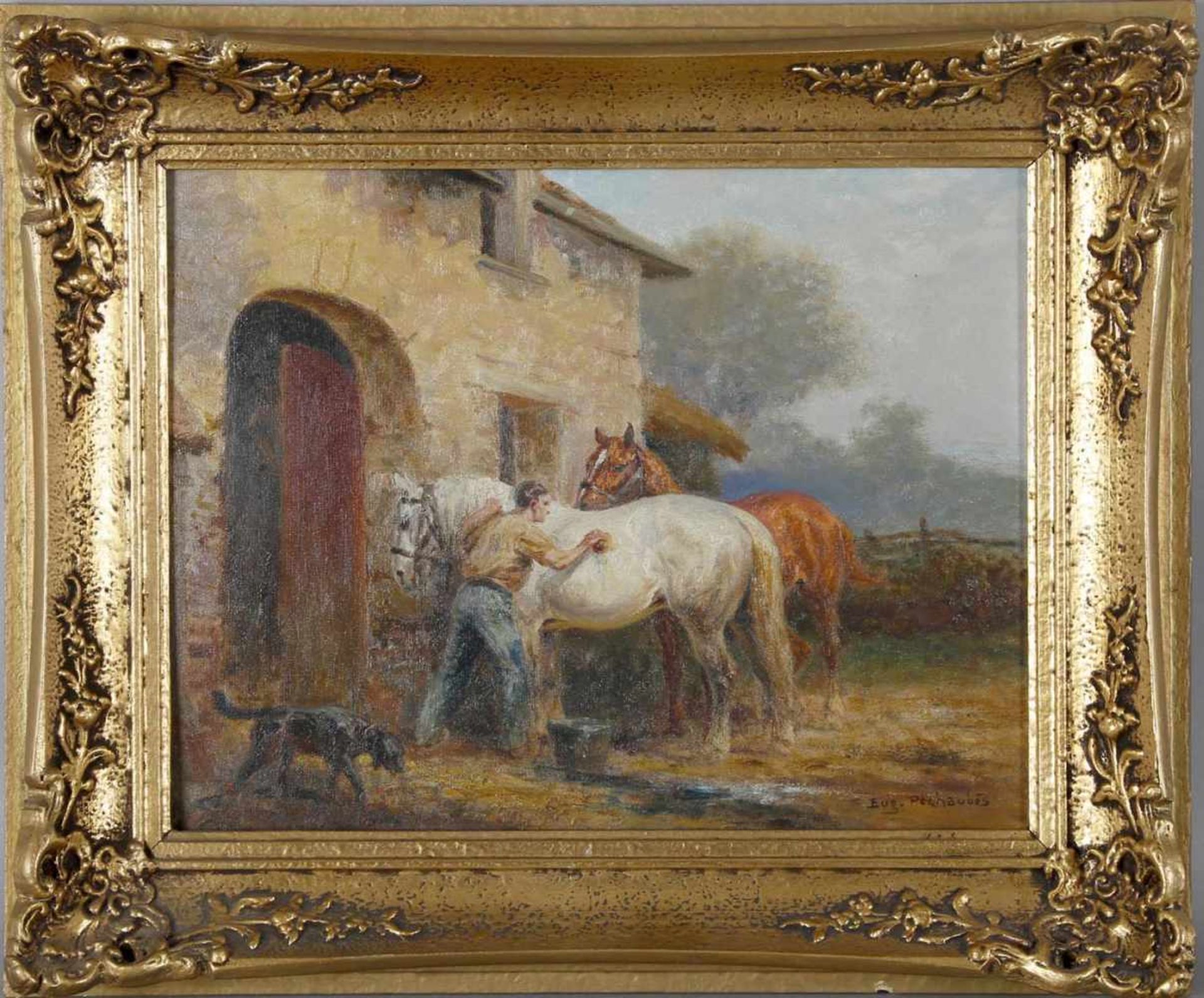 Eugène Péchaubès (Pantin 1890-1967 Paris)Bauer beim Putzen seiner Pferde, Öl auf Lwd., 26,5 x 35 cm,