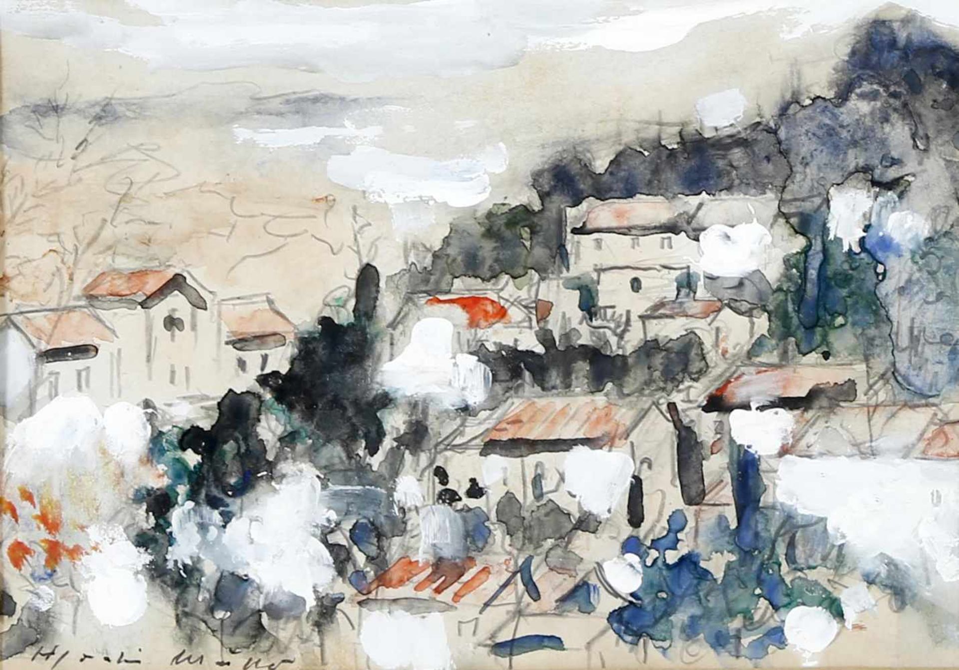 Hans Joachim Müller (Saarbrücken 1909-1994 Saarbrücken)Blick auf eine Stadt, Aquarell mit Weißhöhung