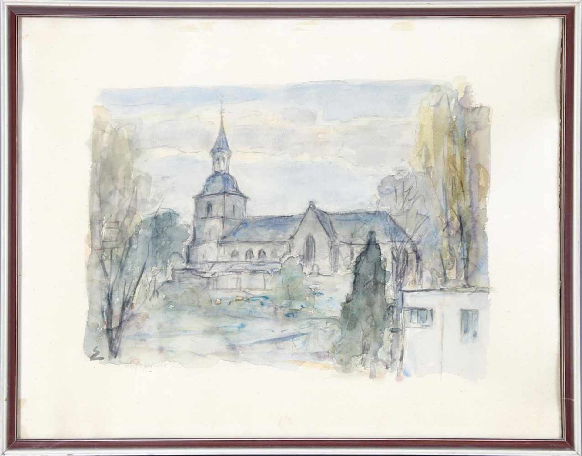 Heiner Embs (Sulzbach 1899-1972 Bebelsheim)Stiftskirche St. Arnual, Aquarell auf Hammerbütten, links