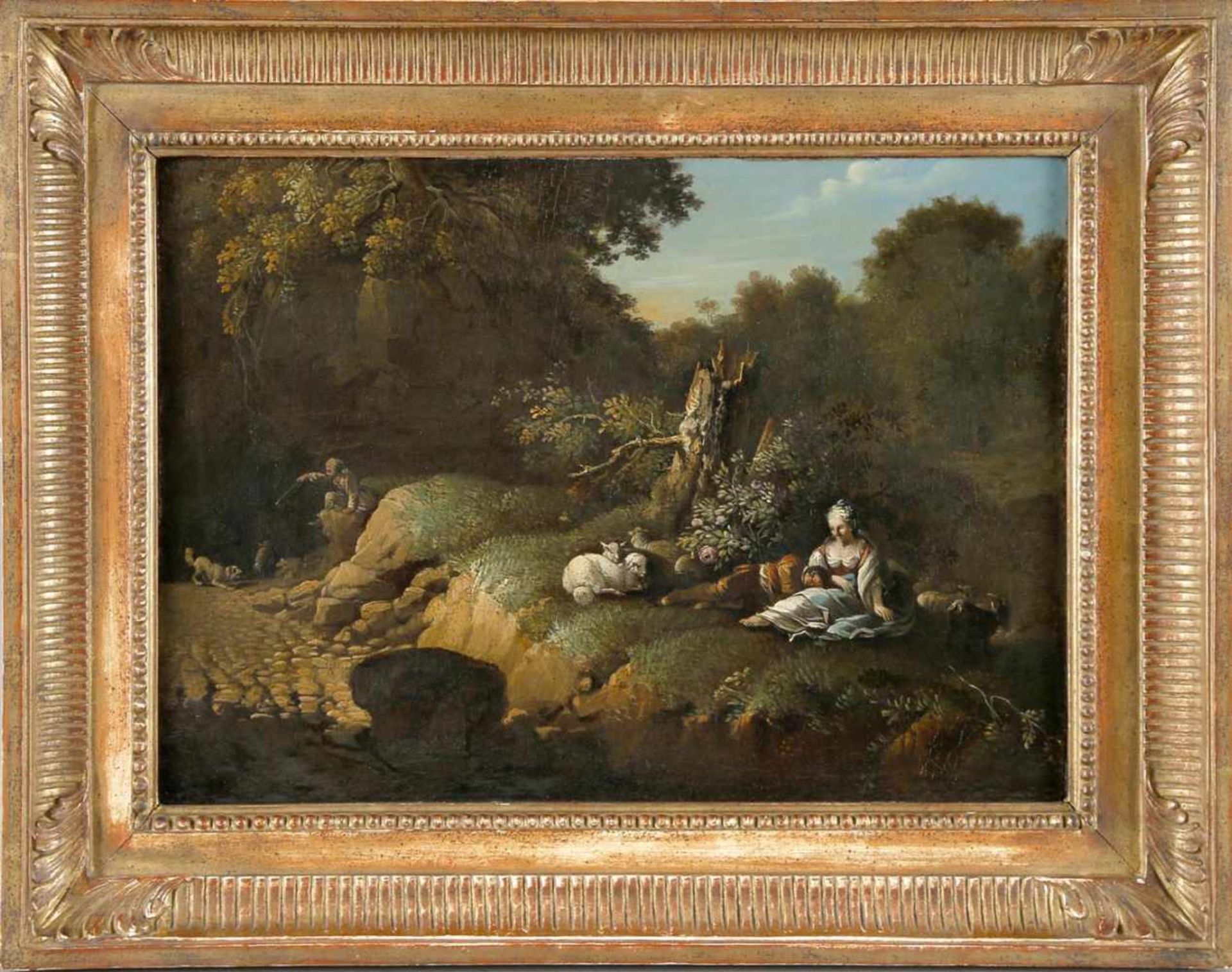 Pastorale Landschaft mit ruhendem Hirtenpaar, wohl Frankreich, 18. Jh.Öl auf Lwd., 29,5 x 41 cm,