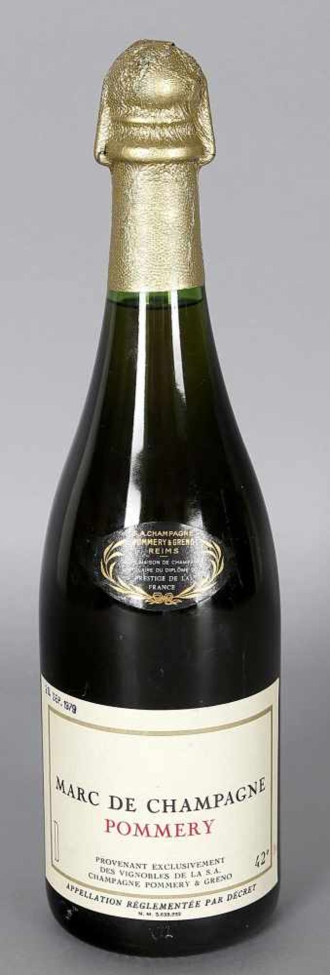 Marc de Champagne Pommery, Pommery & Greno0,75 ltr., 42 Vol. %, gestempelt 26. Sept. 1979, gute