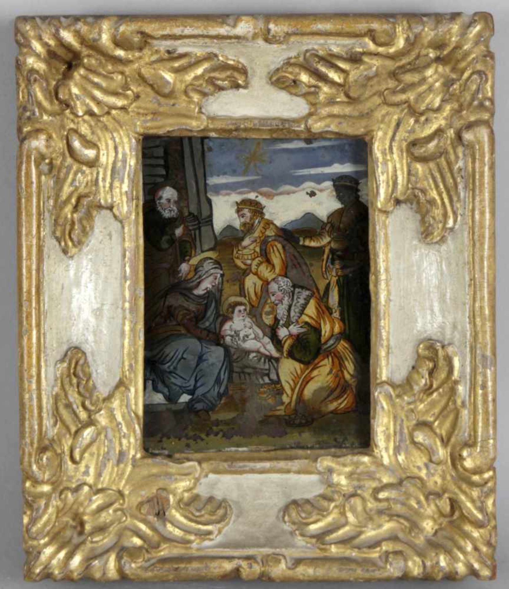Anbetung der Heiligen drei Könige, Hinterglasmalerei, 1. H. des 17. Jhs.