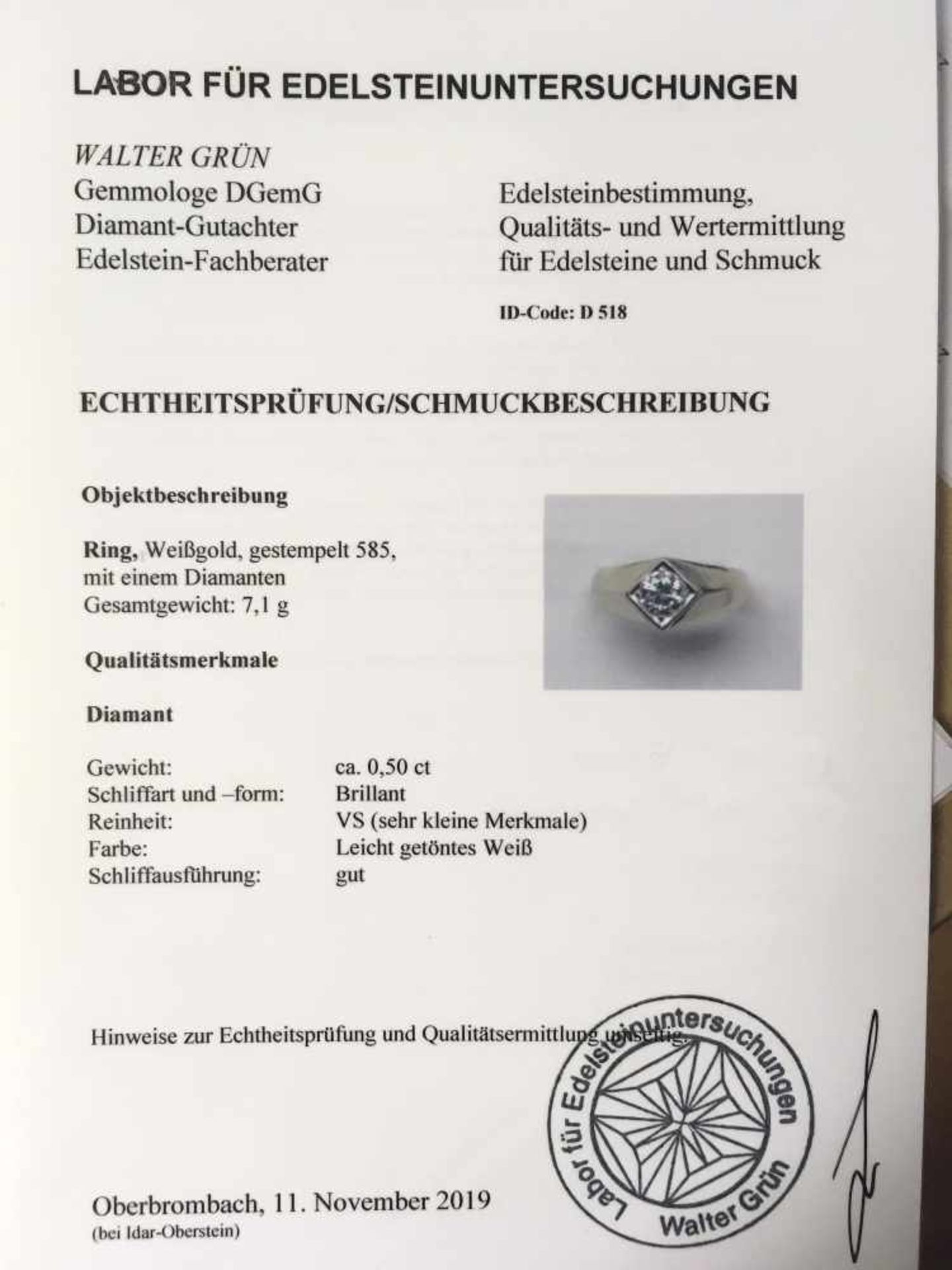 Solitärring mit Brillant von 0,50 ct, 585er WG - Bild 3 aus 3