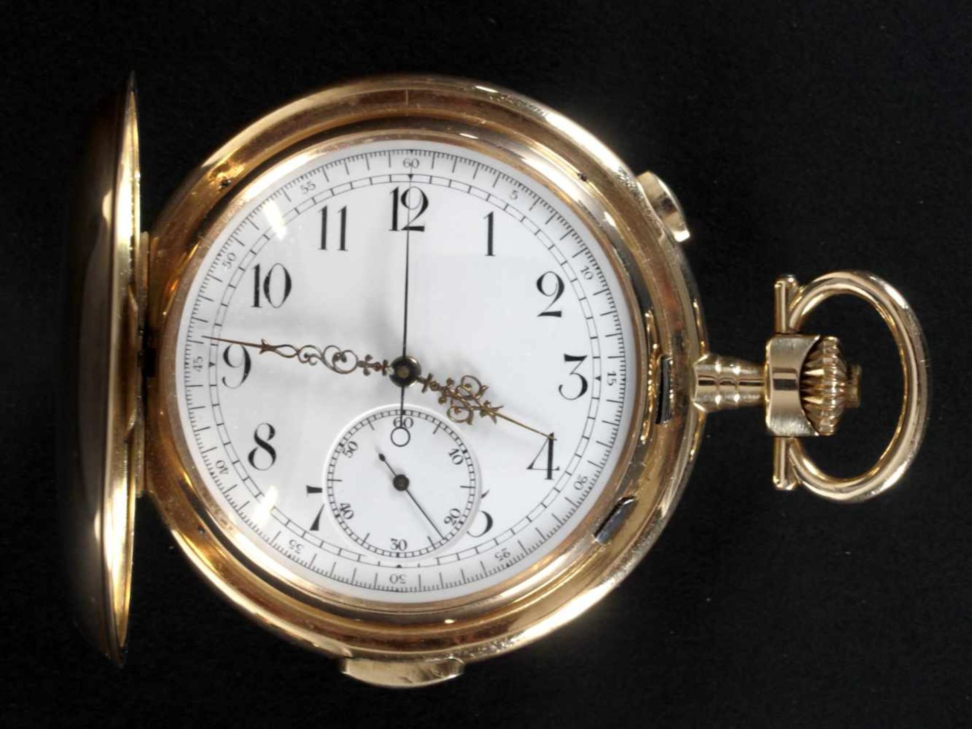 Goldene Taschenuhr mit Viertelstundenrepetition und Chronograph, 585er Gold, Schweiz, um 1900D: 60