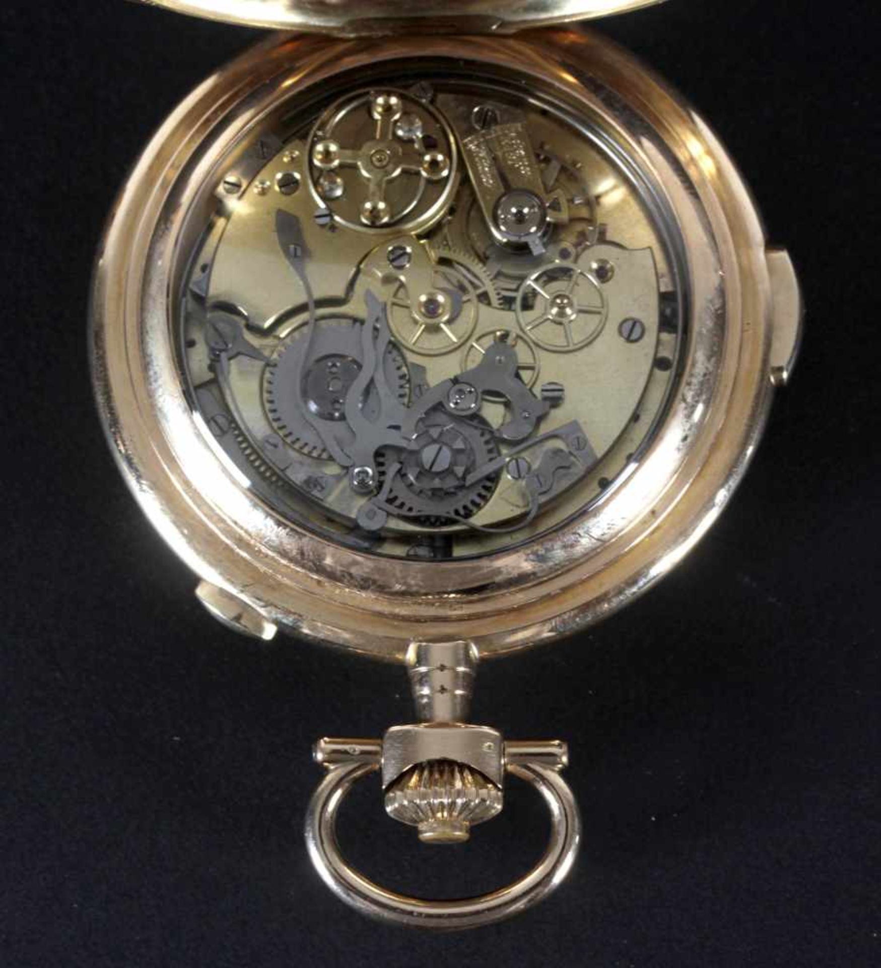 Goldene Taschenuhr mit Viertelstundenrepetition und Chronograph, 585er Gold, Schweiz, um 1900D: 60 - Bild 2 aus 2