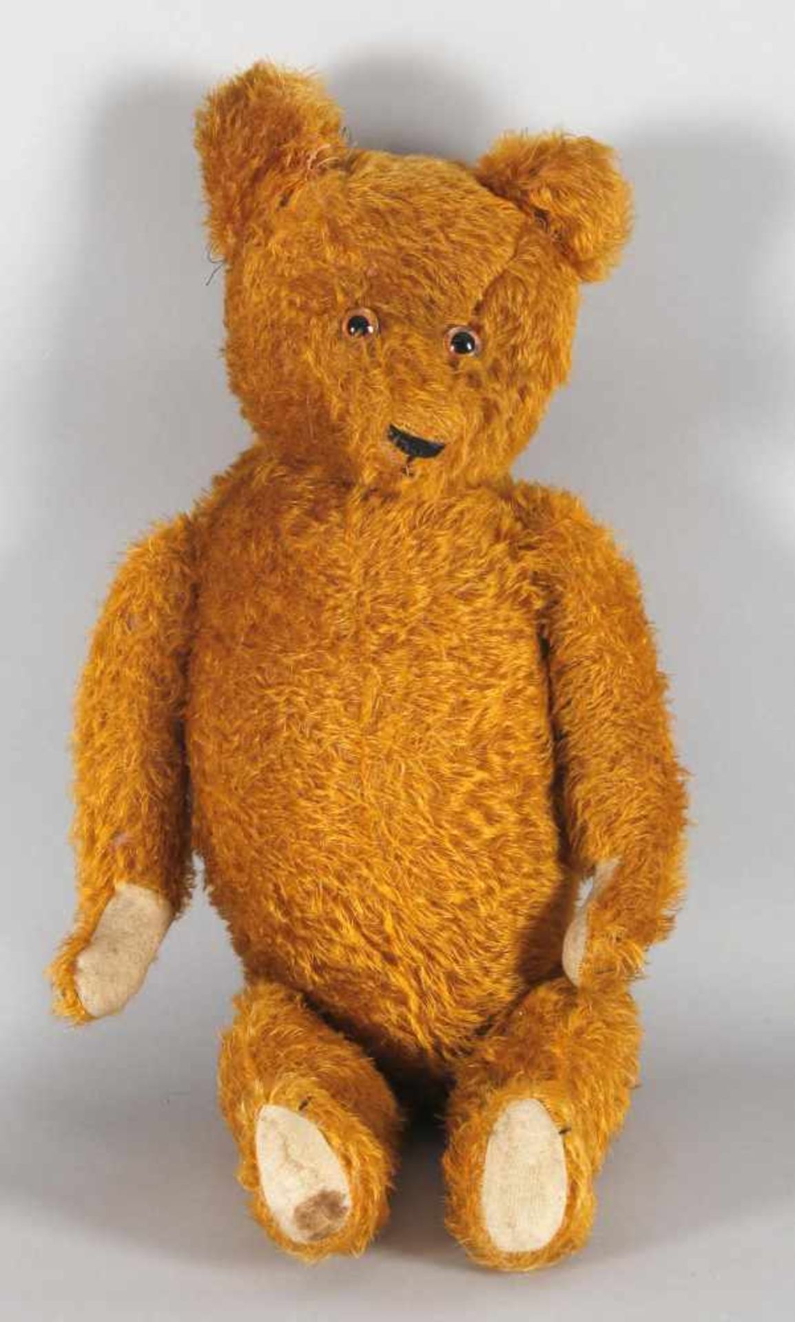 Zimtbrauner Teddybär mit braunen Glas-Augen, wohl ein Steiff-Bär