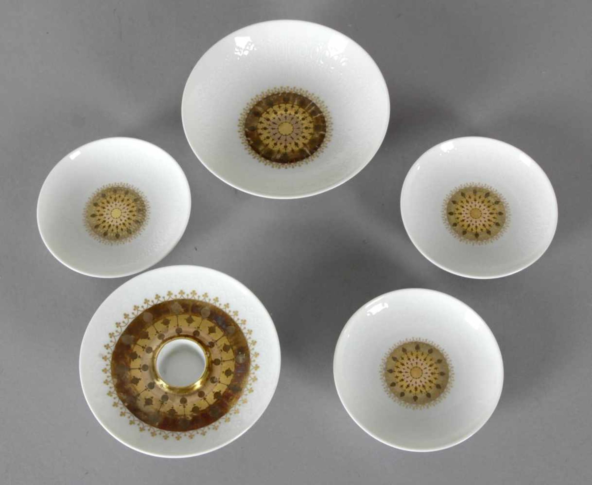 Kerzenleuchter, Anbietschale und drei Schälchen, Porzellan, Goldbemalung, Rosenthal Studio Line