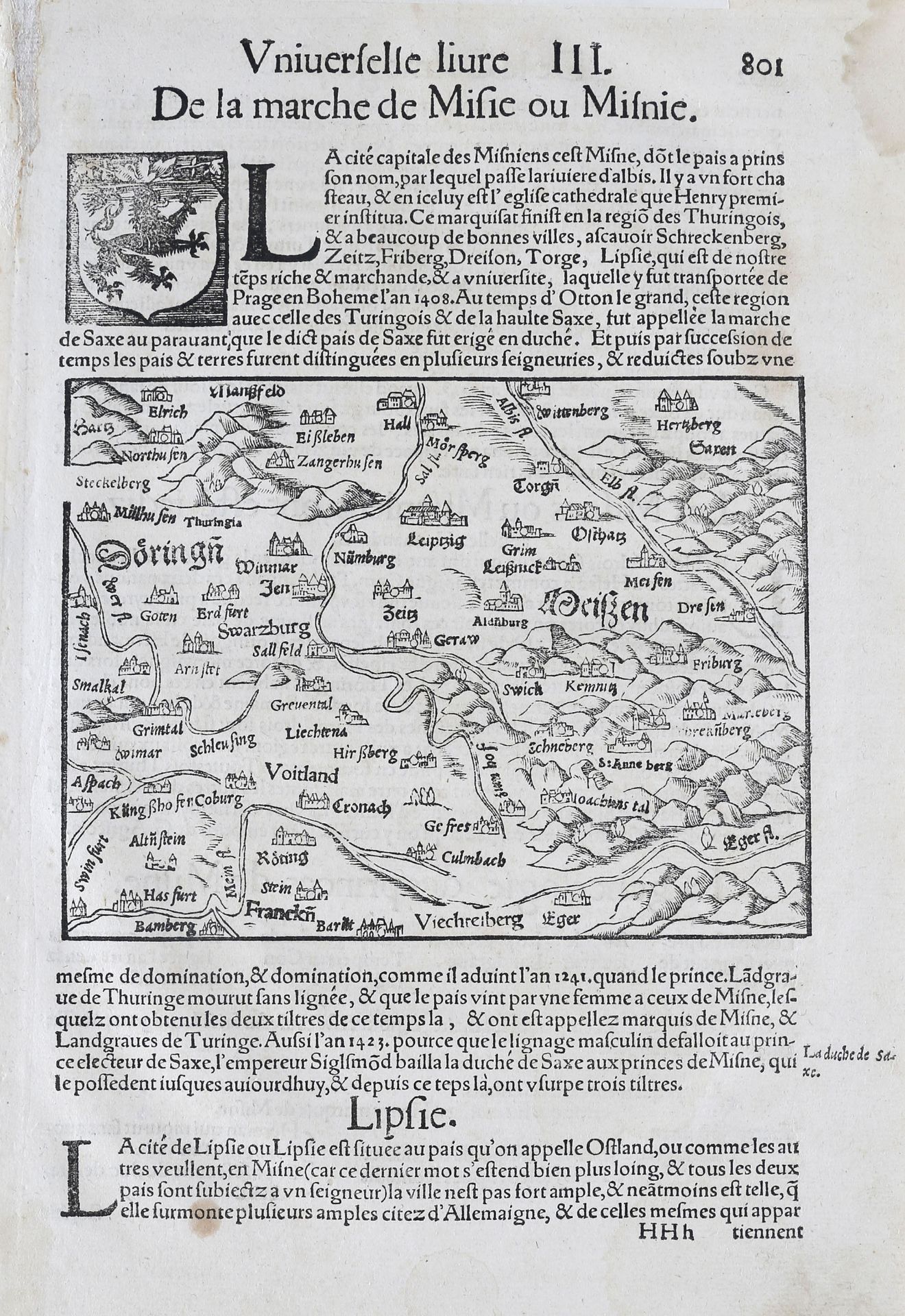 Meißener Land, Holzschnittkarte (Buchseite) aus einer Cosmographie