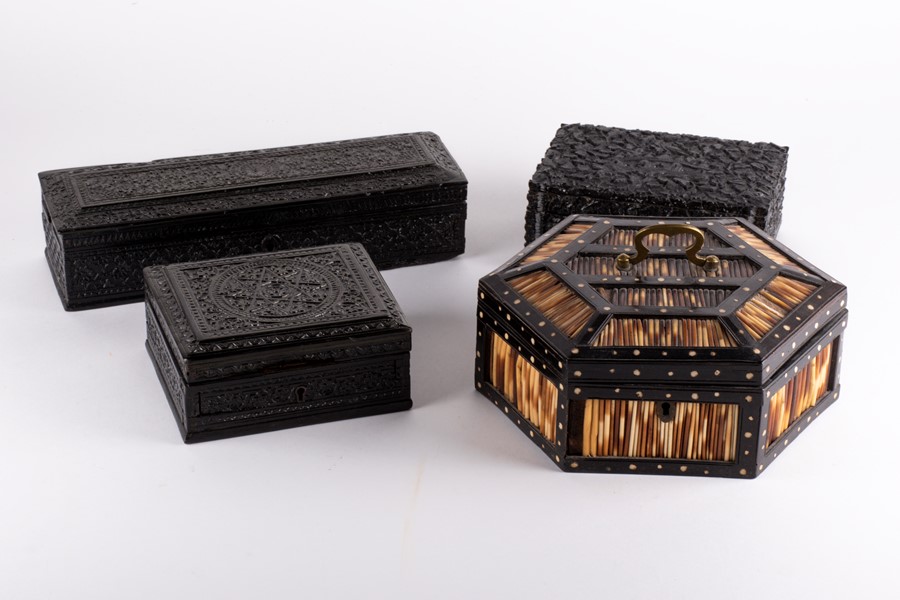 A small collection of Anglo-Indian ebony boxes to include a 19th century box profusely carved with - Image 2 of 5