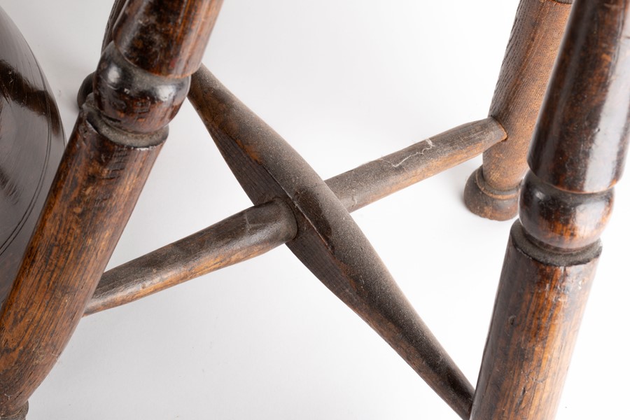 A near pair of provincial oak stools each on four legs, united by an X-stretcher, 43 cm high, - Image 2 of 7
