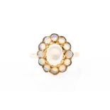 A 9ct yellow gold and opal cluster ring of oval form, set with an oval cabochon opal to centre