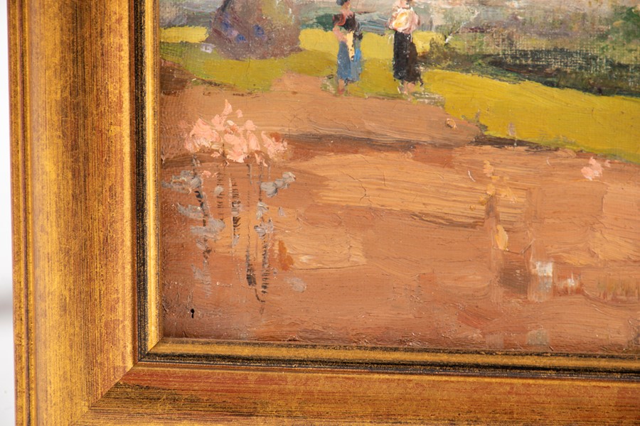 Russian School, 20th century depicting two peasants talking on a field, unsigned, oil on canvas, - Image 4 of 4