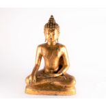 A large Sino-Tibetan gilt metal bhumisparsha Buddha seated in a meditative dhyanasana pose, 55.5