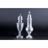Two silver sugar casters one with flame finial, Chester 1930 by Jay Richard Attenborough Co Ltd,