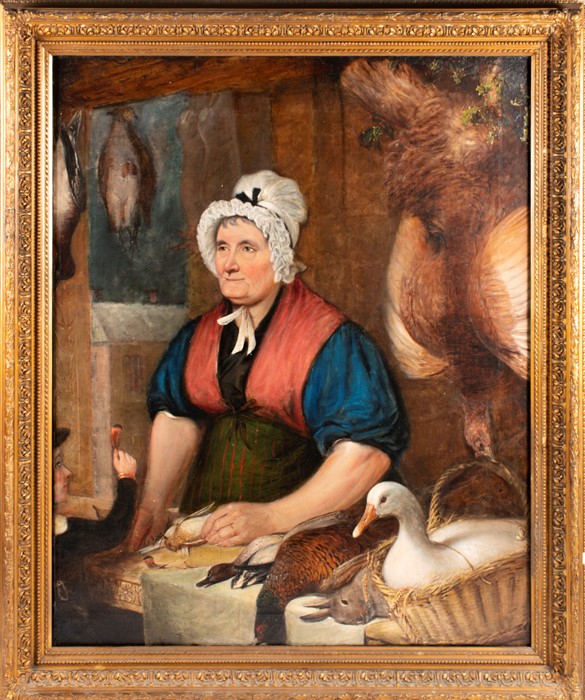 British School, early 19th century depicting a woman and a boy in a kitchen with game birds,