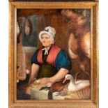 British School, early 19th century depicting a woman and a boy in a kitchen with game birds,