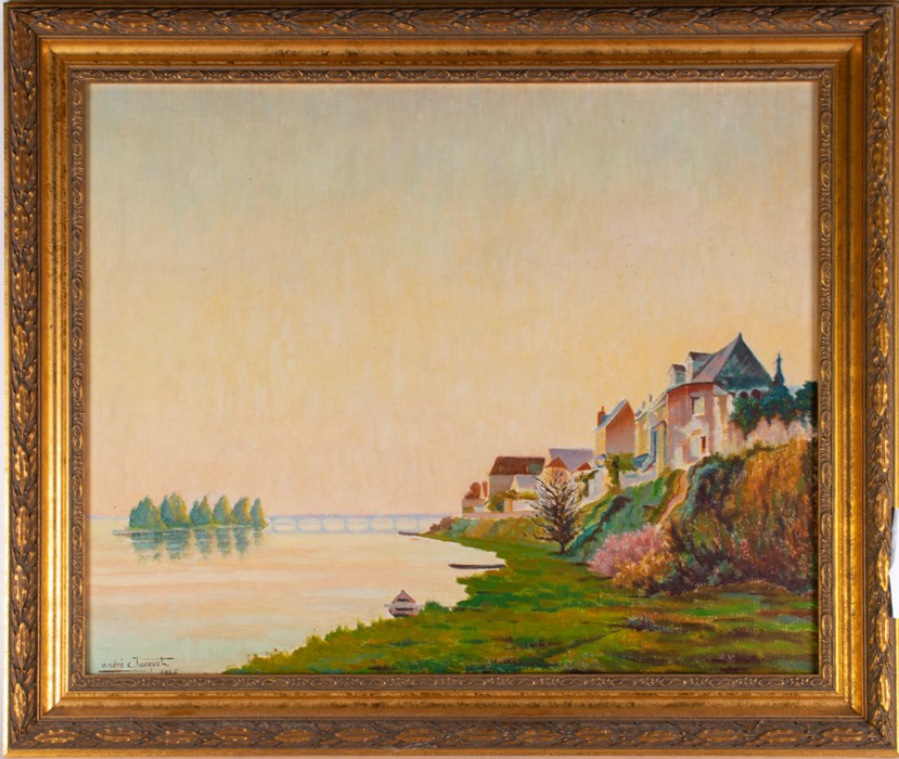 André Jacquet (20th century) French 'Soir sur la Loire' depicting a view of a village from a river