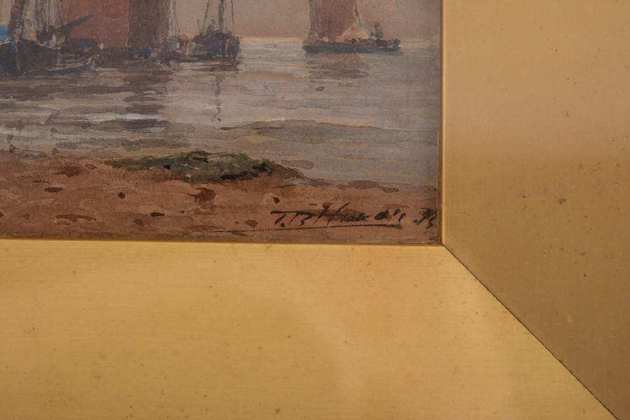 Thomas Bush Hardy RBA (1842-1897) British depicting boats on the beach with a pier in the - Image 3 of 4