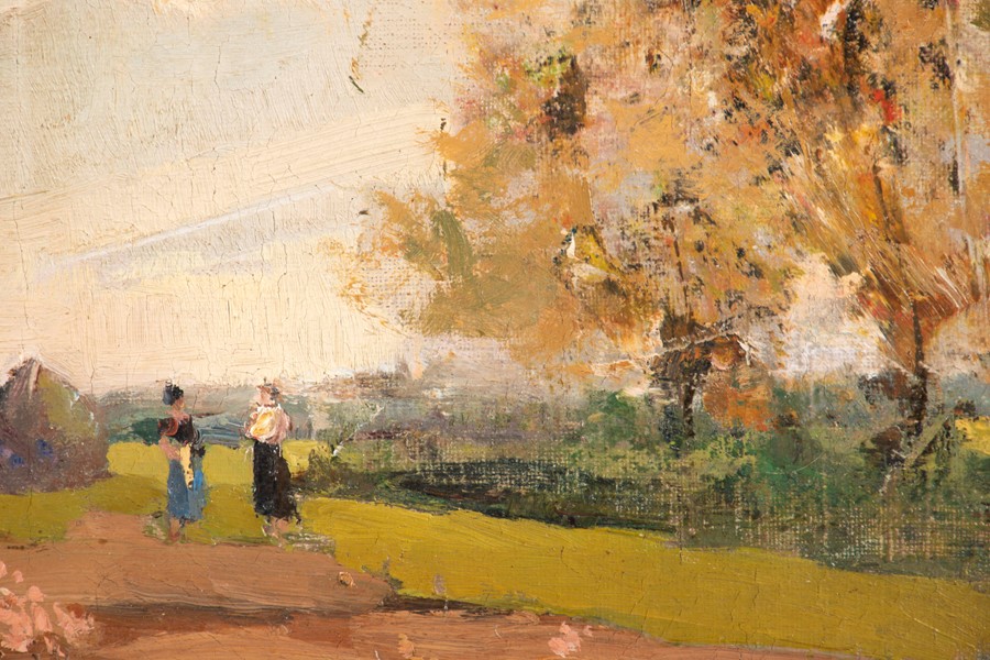 Russian School, 20th century depicting two peasants talking on a field, unsigned, oil on canvas, - Image 3 of 4