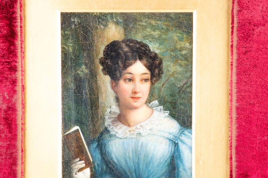 English School, 19th century depicting a portrait of a young lady reading, unsigned, oil on canvas - Image 3 of 4