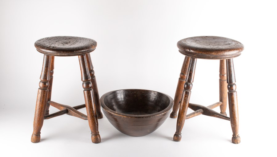 A near pair of provincial oak stools each on four legs, united by an X-stretcher, 43 cm high, - Image 3 of 7