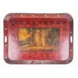 A large early 19th century metalware tray of rectangular form, the central reserve with painted