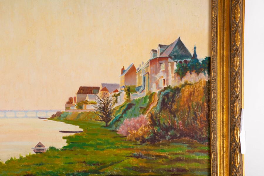 André Jacquet (20th century) French 'Soir sur la Loire' depicting a view of a village from a river - Image 4 of 5