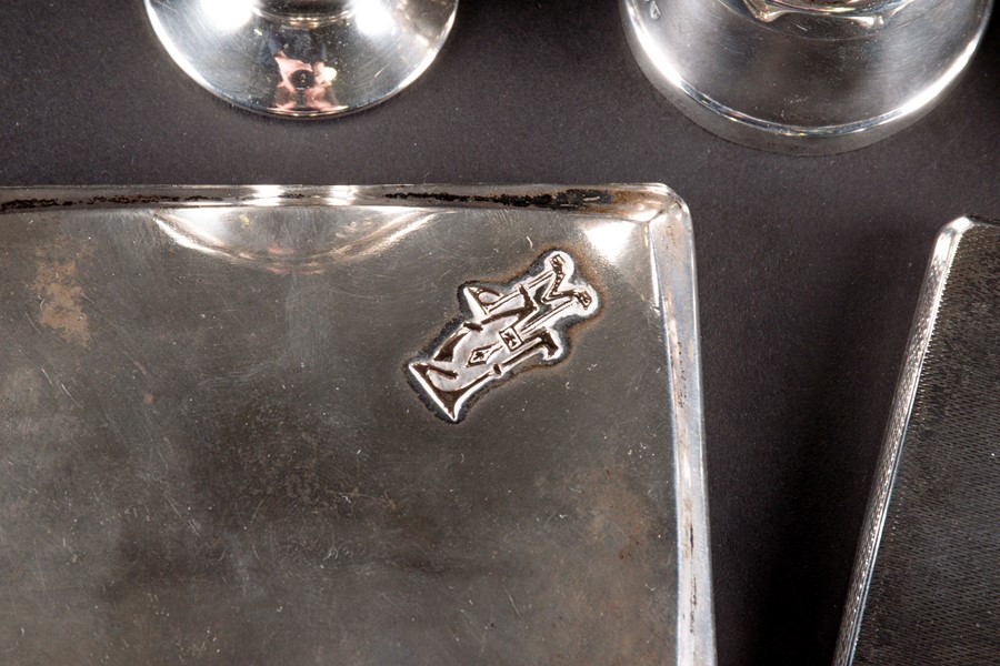 A mixed group of small silver items comprising two cigarette cases, a pepper modelled as a milk - Image 3 of 4