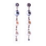 A pair of diamond and pearl drop earrings each with a collet-set round brilliant-cut diamond of