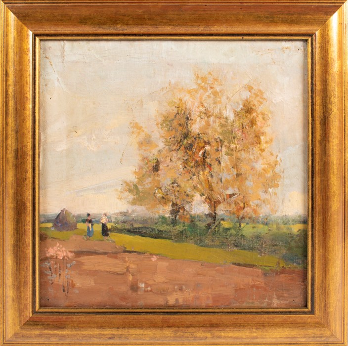 Russian School, 20th century depicting two peasants talking on a field, unsigned, oil on canvas,