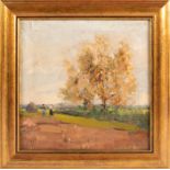 Russian School, 20th century depicting two peasants talking on a field, unsigned, oil on canvas,