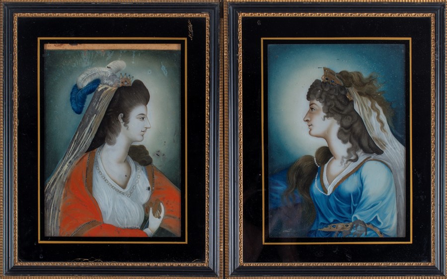 English School, early 19th century A pair of reverse glass paintings one depicting a portrait of