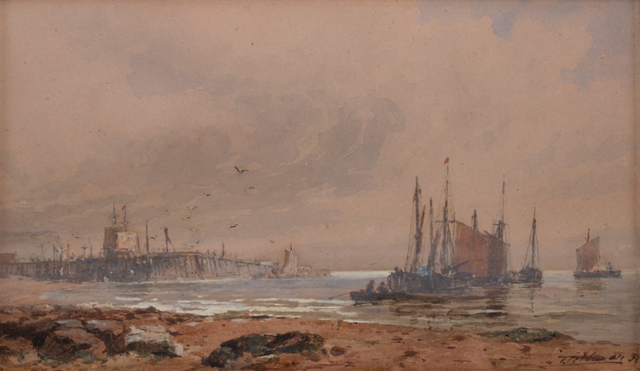 Thomas Bush Hardy RBA (1842-1897) British depicting boats on the beach with a pier in the - Image 2 of 4