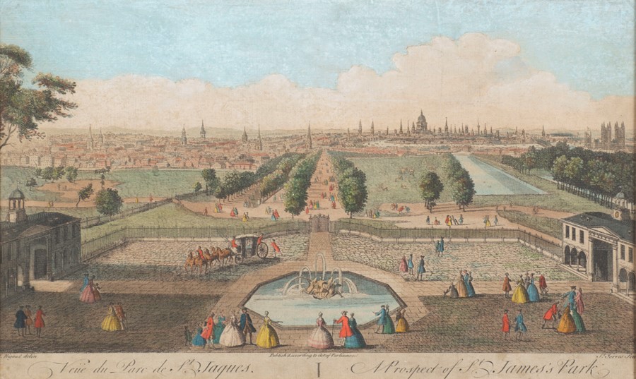 French School, 18th century a pair of hand coloured engravings a prospect of St. James's park with a - Image 3 of 6