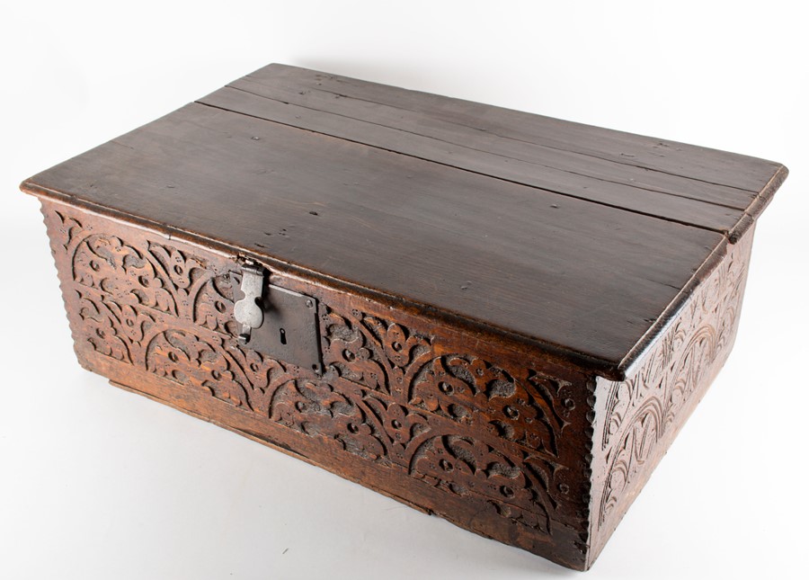 An 18th century oak bible box  of typical form, with carved decoration, 72 cm x  45 cm x 25 cm. - Image 3 of 6