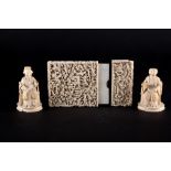 A 19th century carved Cantonese ivory card case together with two carved ivory imperial figures in