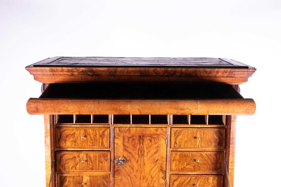 A William and Mary walnut veneered secretaire on chest the top part with moulded cornice over a - Image 10 of 29