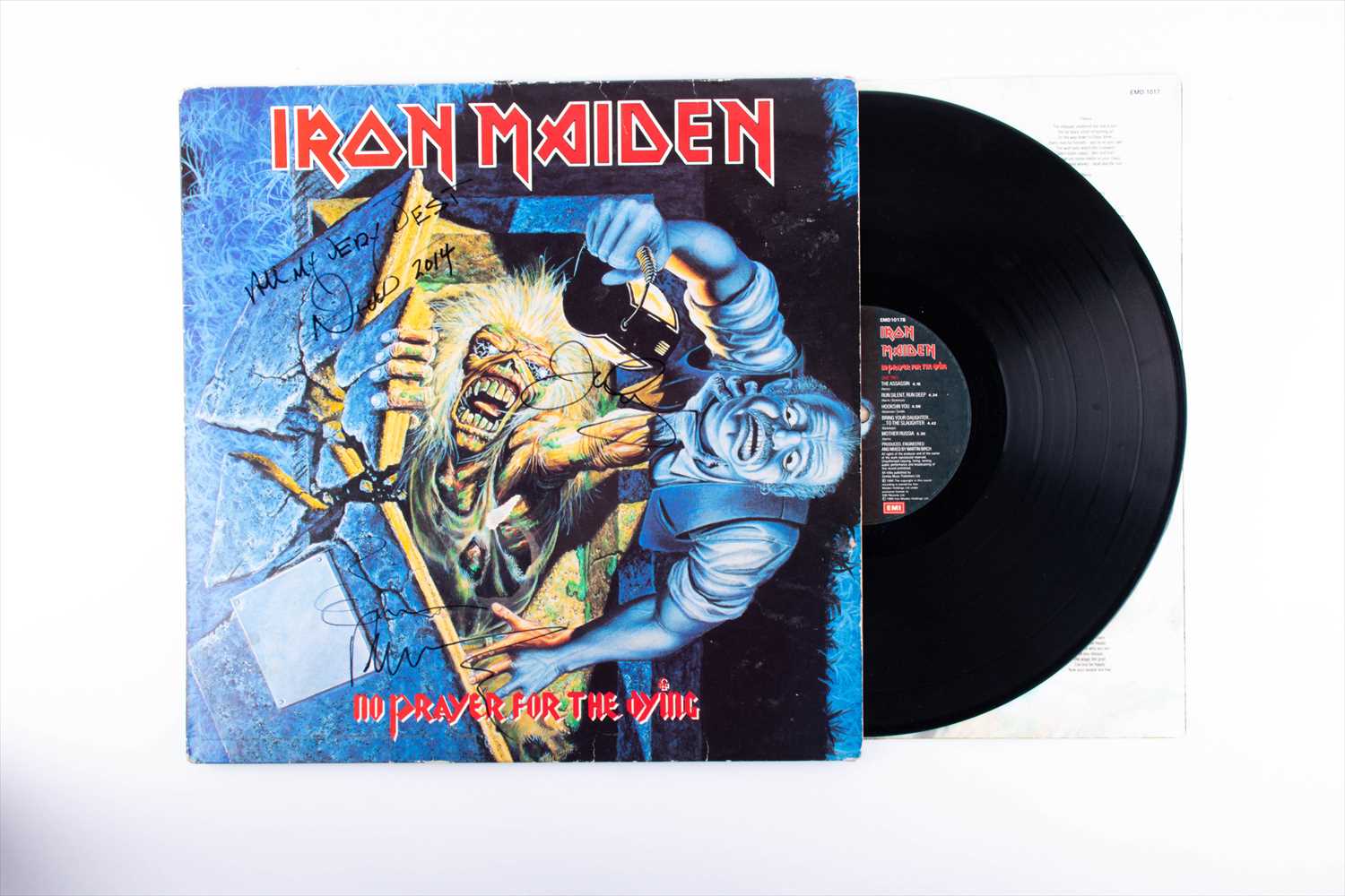 Iron Maiden: a signed 'No Prayer for the Dying' LP the cover with three band signatures, obtained in - Image 10 of 10