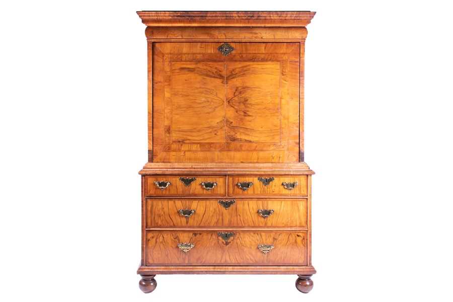 A William and Mary walnut veneered secretaire on chest the top part with moulded cornice over a - Image 3 of 29