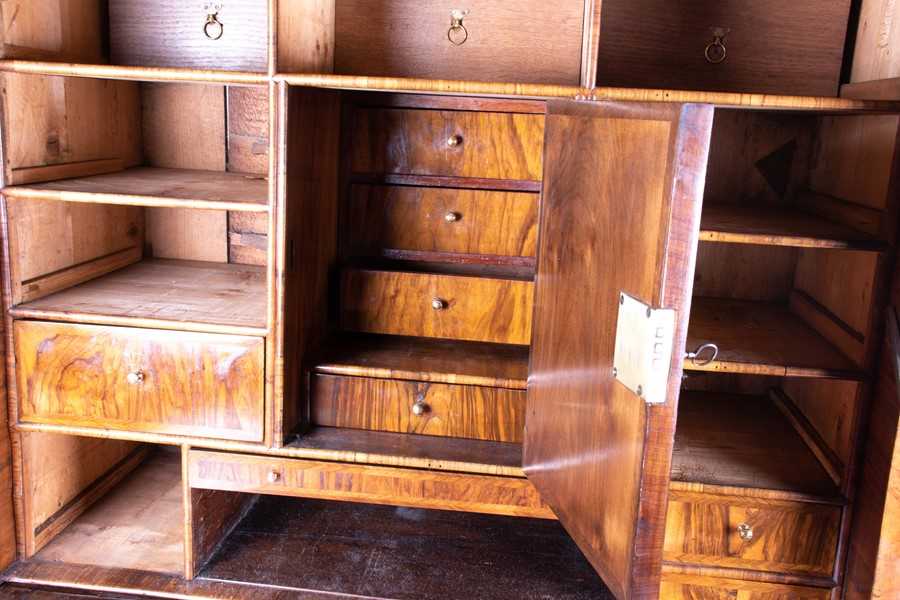 A William and Mary walnut veneered secretaire on chest the top part with moulded cornice over a - Image 7 of 29