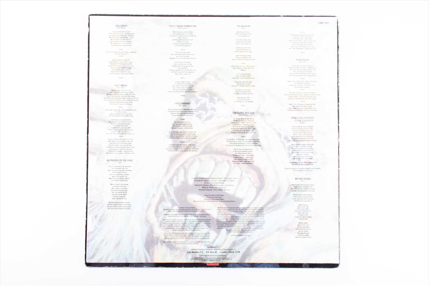 Iron Maiden: a signed 'No Prayer for the Dying' LP the cover with three band signatures, obtained in - Image 4 of 10