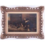 English school, 19th century depicting an English Shepherd dog and her puppy both watching a hen and