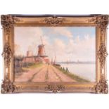Continental school, 20th century depicting a windmill near a canal, signature illegible, oil on