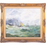 20th century British School a seascape with boats on rough water, unsigned, oil on panel, in a