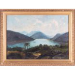 Hudson River School, 19th century depicting a view of a lake in the mountains with figures,