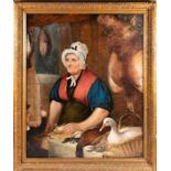 British School, early 19th century depicting a woman and a boy in a kitchen with game birds,