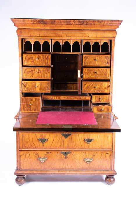 A William and Mary walnut veneered secretaire on chest the top part with moulded cornice over a - Image 13 of 29