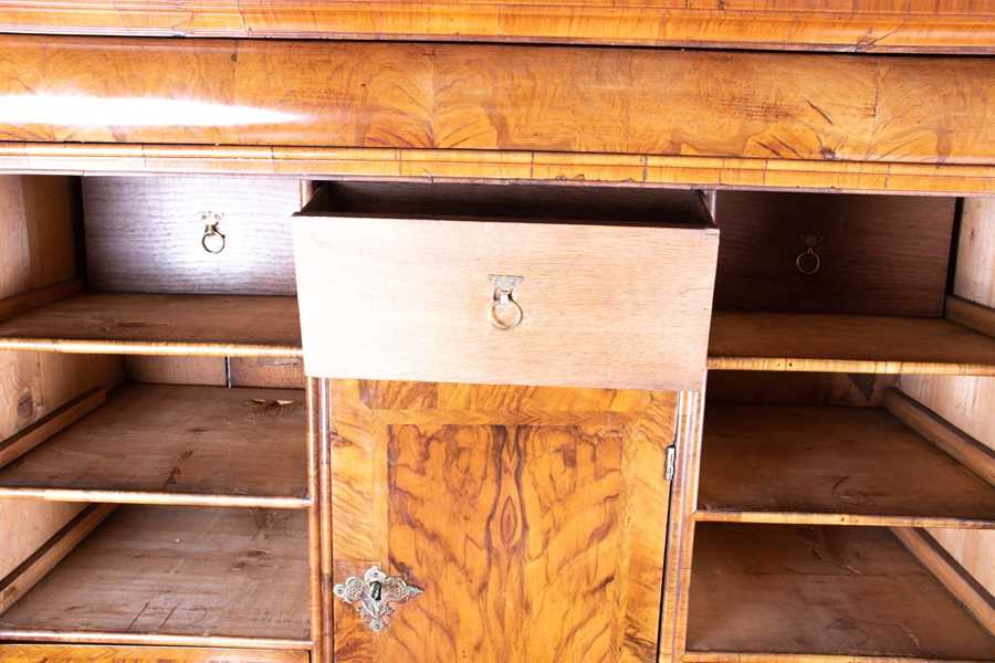 A William and Mary walnut veneered secretaire on chest the top part with moulded cornice over a - Image 9 of 29